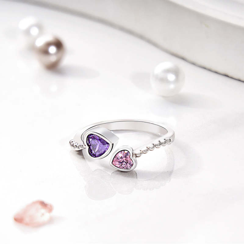 Personalized Birthstones Ring Adjustable Open Double Heart Ring Gift for Her 2