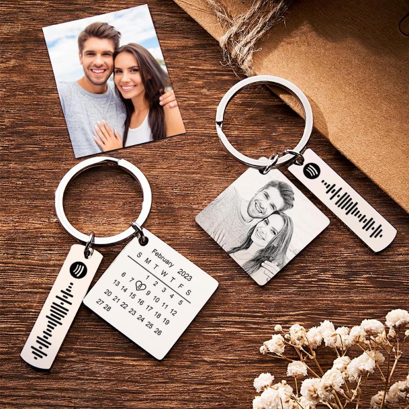 Personalized Calendar Keychain Special Day Significant Photo Heart Square Circle Shape Music Code Metal Keychain Anniversary Gift 4