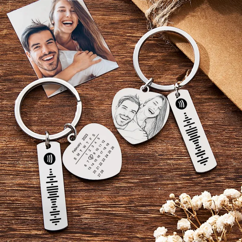 Personalized Calendar Keychain Special Day Significant Photo Heart Square Circle Shape Music Code Metal Keychain Anniversary Gift 1