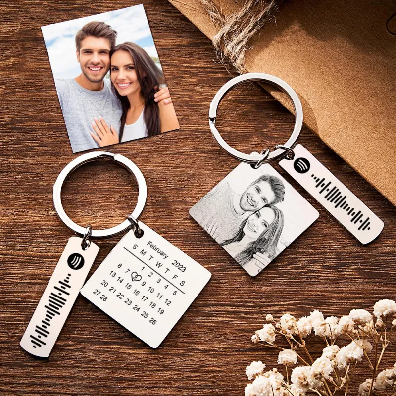 Personalized Calendar Keychain Special Day Significant Photo Heart Square Shape Music Code Metal Keychain Anniversary Gift 3