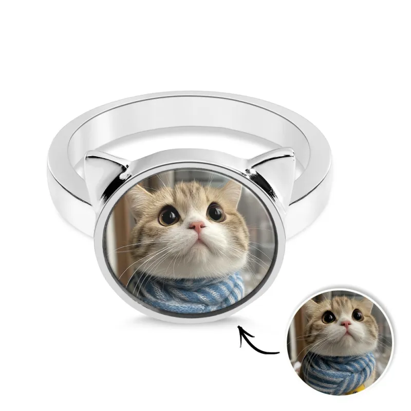 Personalized Cat Head Photo Ring Gift for Pet Lovers Custom Photo Gift