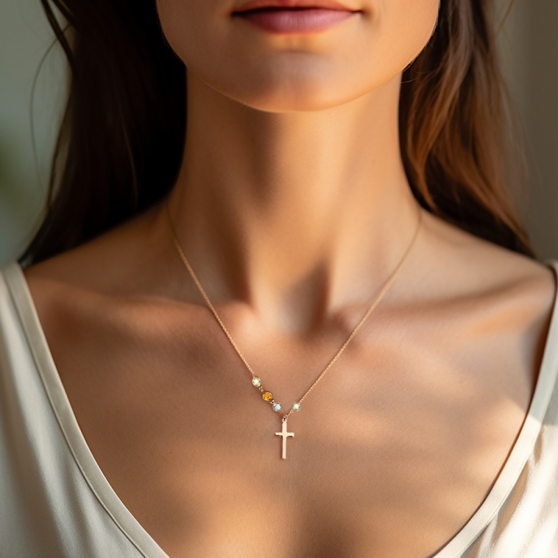 Personalized Cross with Tiny birthstone necklace - Family tree necklace 2