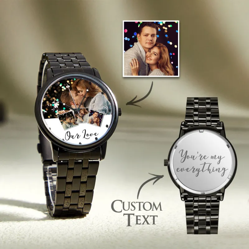 Personalized Engraved Photo Watch Men's Black Alloy Bracelet Photo Watch Valentine's Day Gifts To Boyfriend