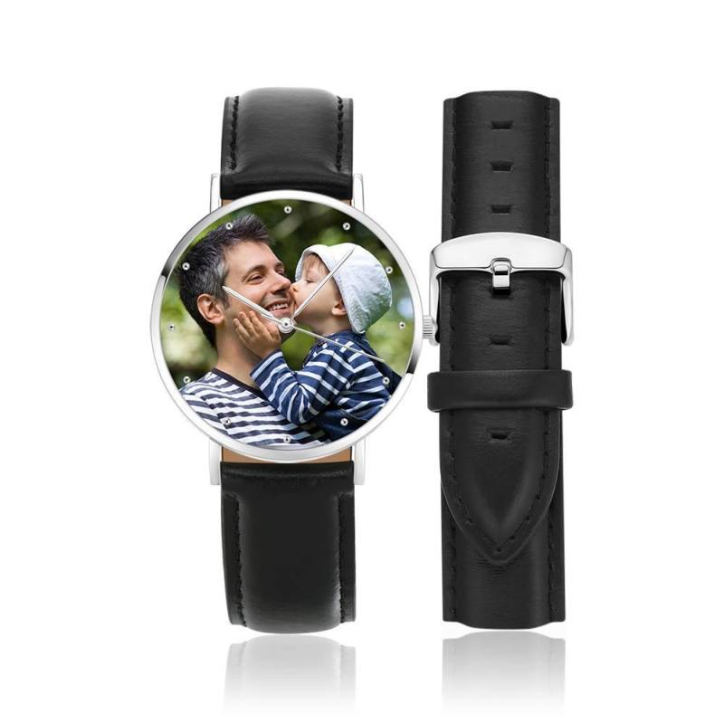 Personalized Engraved Watch, Photo Watch with Black Leather Strap 40mm 4