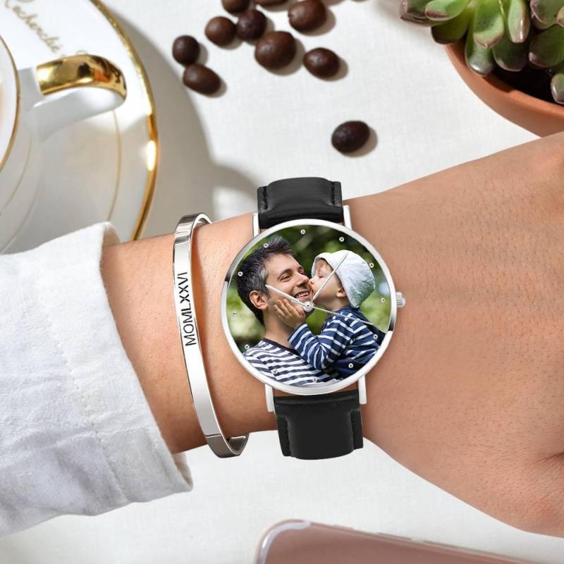 Personalized Engraved Watch, Photo Watch with Black Leather Strap 40mm 6