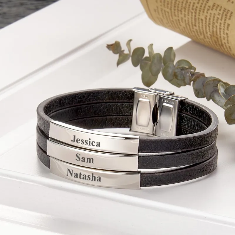 Personalized Father's Day Gift Custom 3 Names Bracelet Stainless Steel Leather Men Bracelet 3