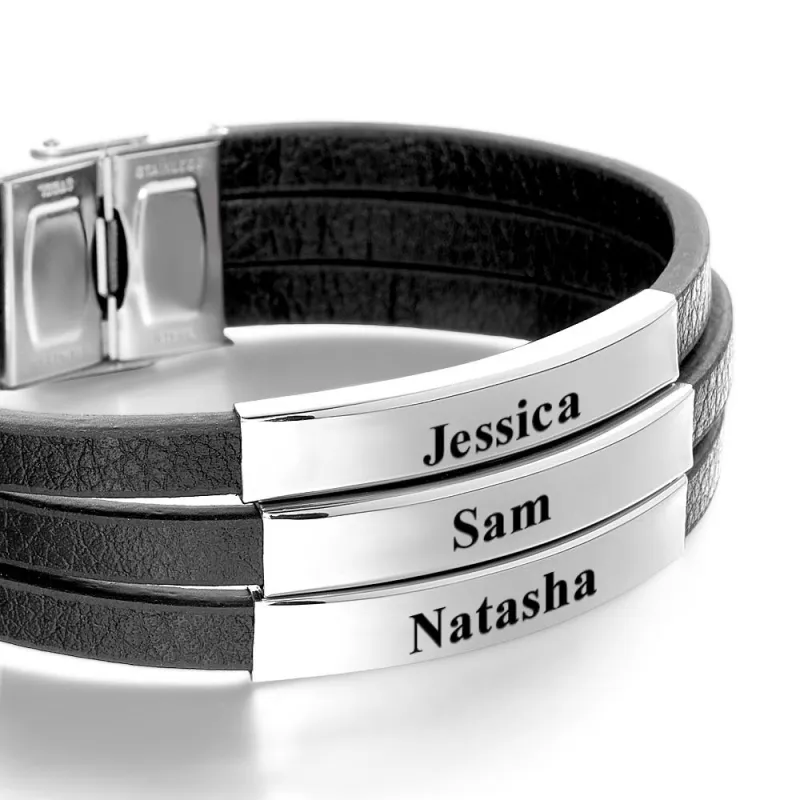 Personalized Father's Day Gift Custom 3 Names Bracelet Stainless Steel Leather Men Bracelet 2