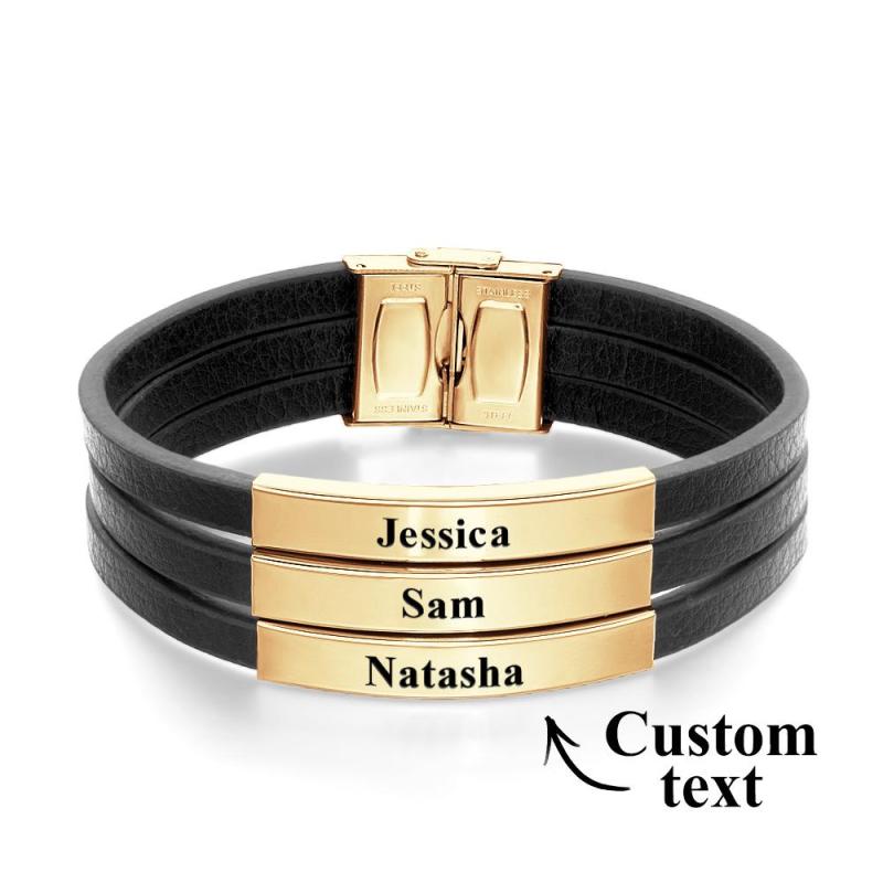 Personalized Father's Day Gift Custom 3 Names Bracelet Stainless Steel Leather Men Bracelet 4