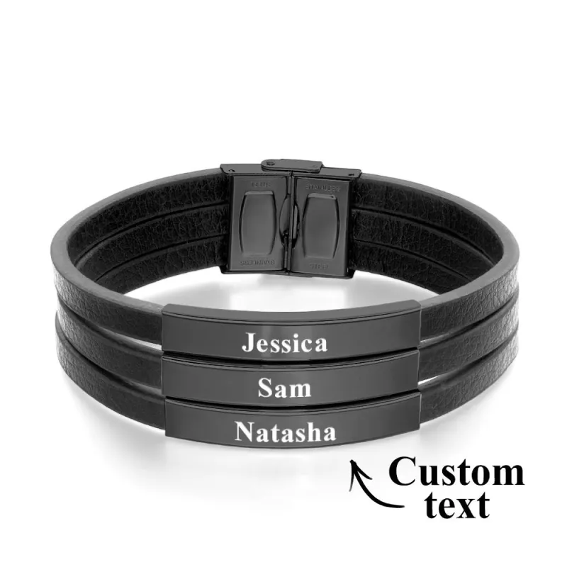 Personalized Father's Day Gift Custom 3 Names Bracelet Stainless Steel Leather Men Bracelet 5