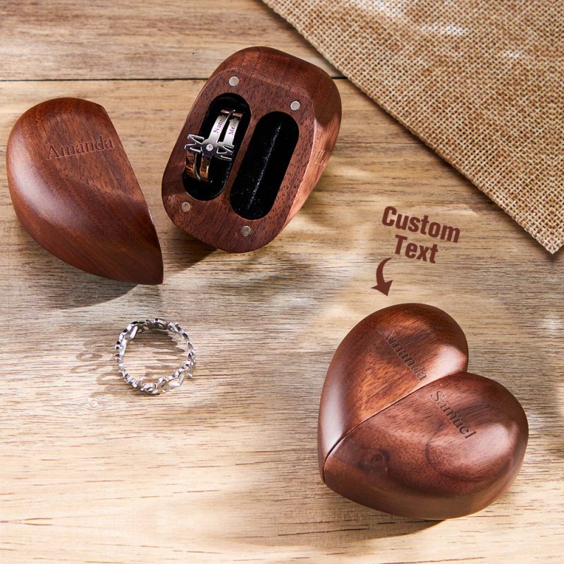 Personalized Heart-Shaped Engraved Ring Box Wooden Double Rings Wedding Ring Holder