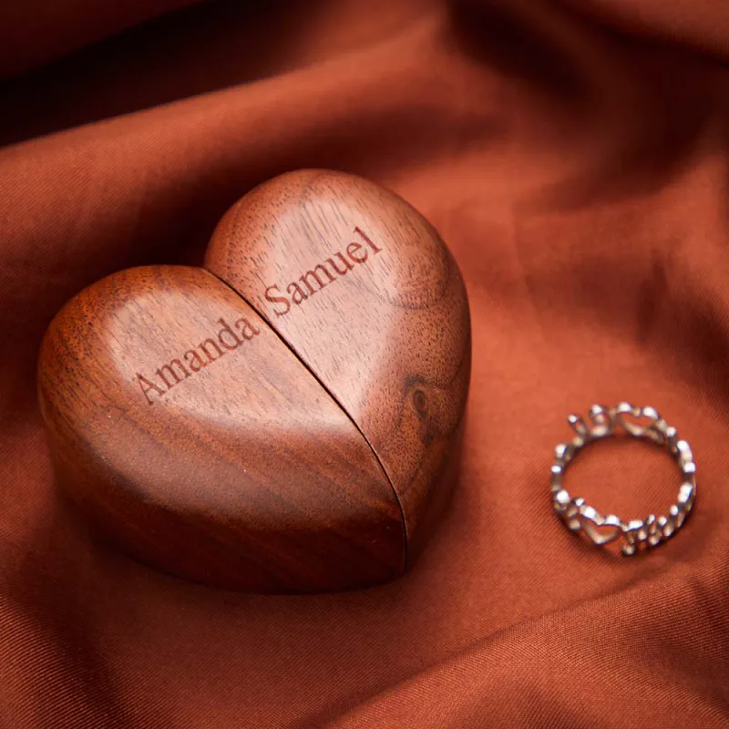 Personalized Heart-Shaped Engraved Ring Box Wooden Double Rings Wedding Ring Holder 1