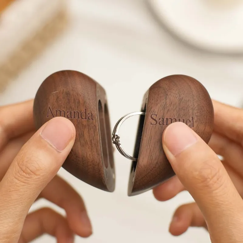 Personalized Heart-Shaped Engraved Ring Box Wooden Double Rings Wedding Ring Holder 2