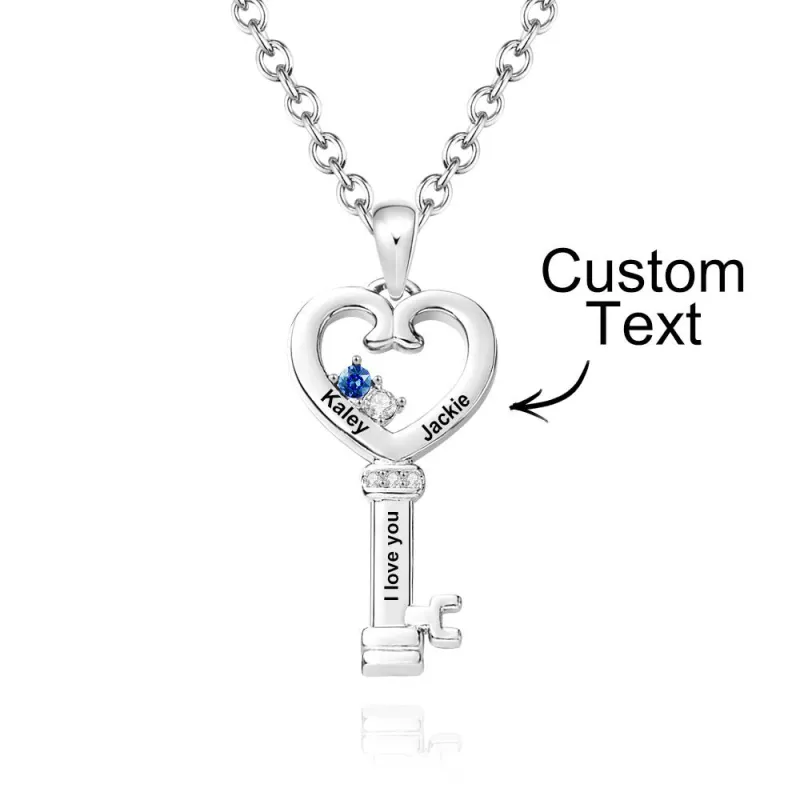 Personalized Key Diamonds Necklace With Text Love Heart Pendant Gift For Her