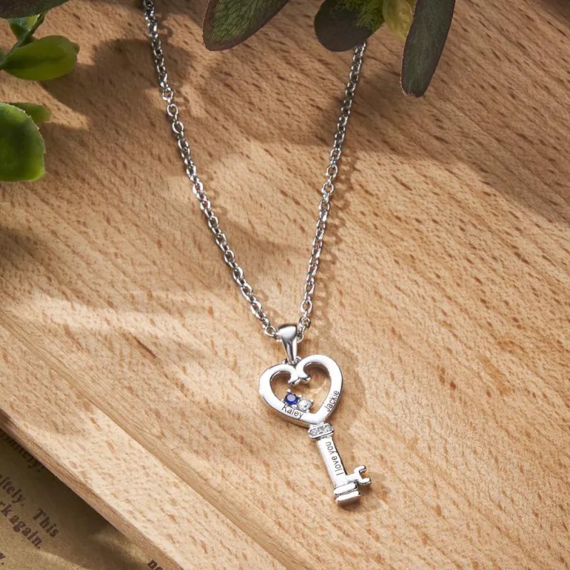 Personalized Key Diamonds Necklace With Text Love Heart Pendant Gift For Her 1