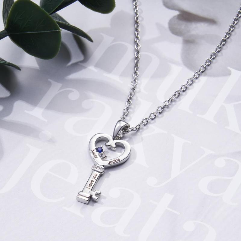 Personalized Key Diamonds Necklace With Text Love Heart Pendant Gift For Her 2