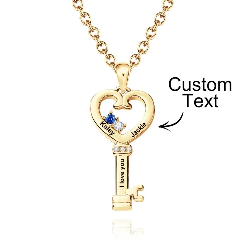 Personalized Key Diamonds Necklace With Text Love Heart Pendant Gift For Her 4