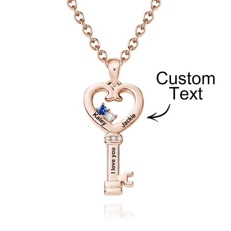 Personalized Key Diamonds Necklace With Text Love Heart Pendant Gift For Her 5