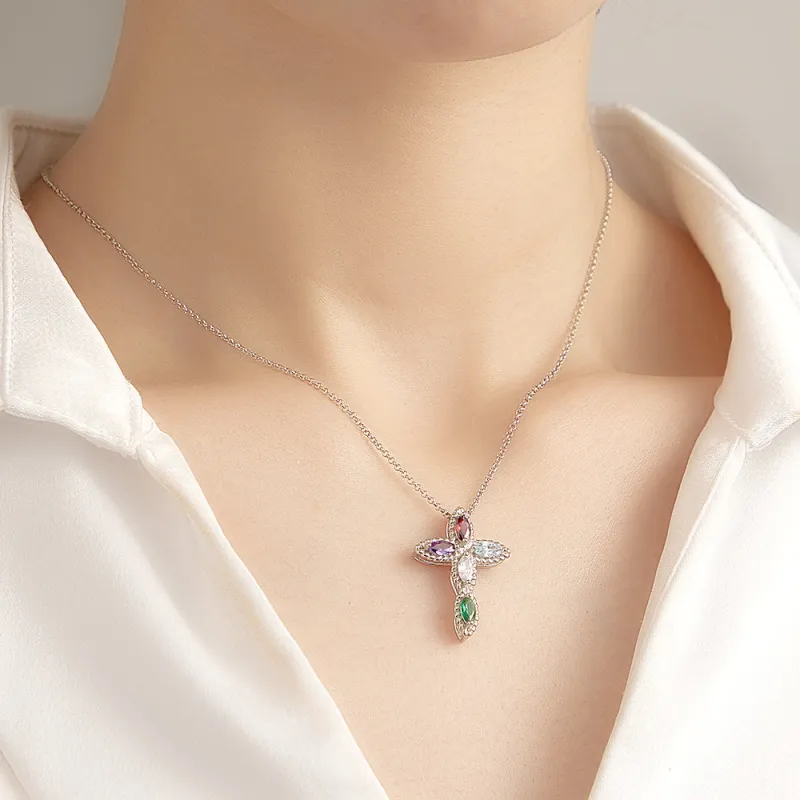 Personalized Mini Cross Pendant Necklace Custom Birthstones Necklace Christening Gift for Her 3