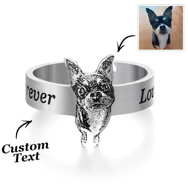 Personalized Pet Photo Ring for Women Men DIY Stainless Steel Engraved Kitten and Puppy Photo Open Ring Gift for Pet Lover