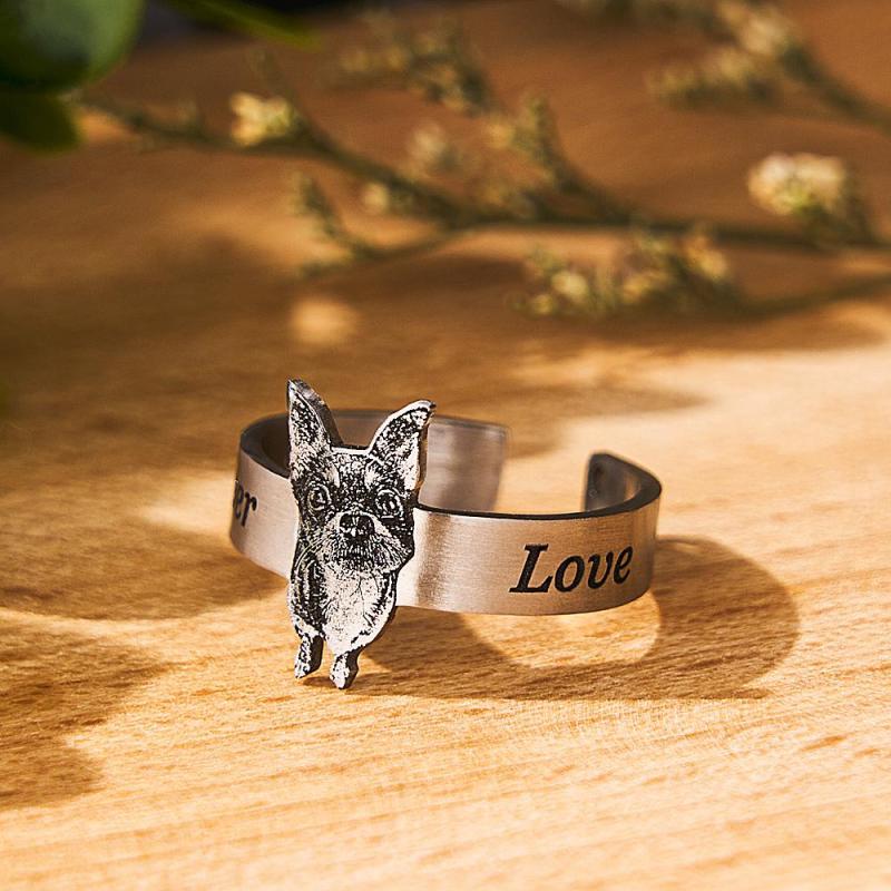 Personalized Pet Photo Ring for Women Men DIY Stainless Steel Engraved Kitten and Puppy Photo Open Ring Gift for Pet Lover 2