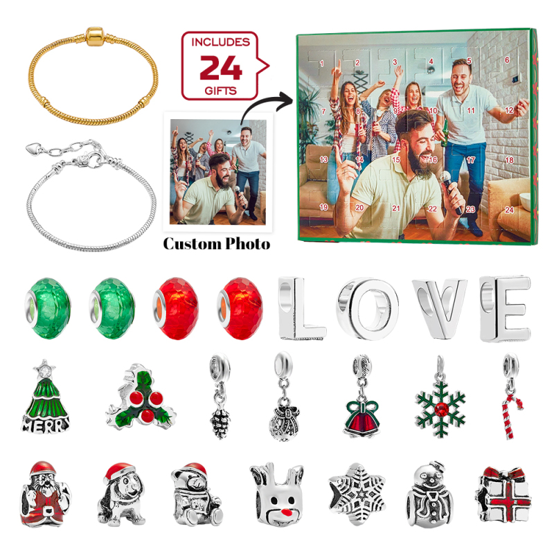 Personalized Photo Jewelry Advent Calendar Photo Charm Christmas Surprise Blind Box Bracelet 24 Calendar Countdown Gift Box Bracelet For Friend