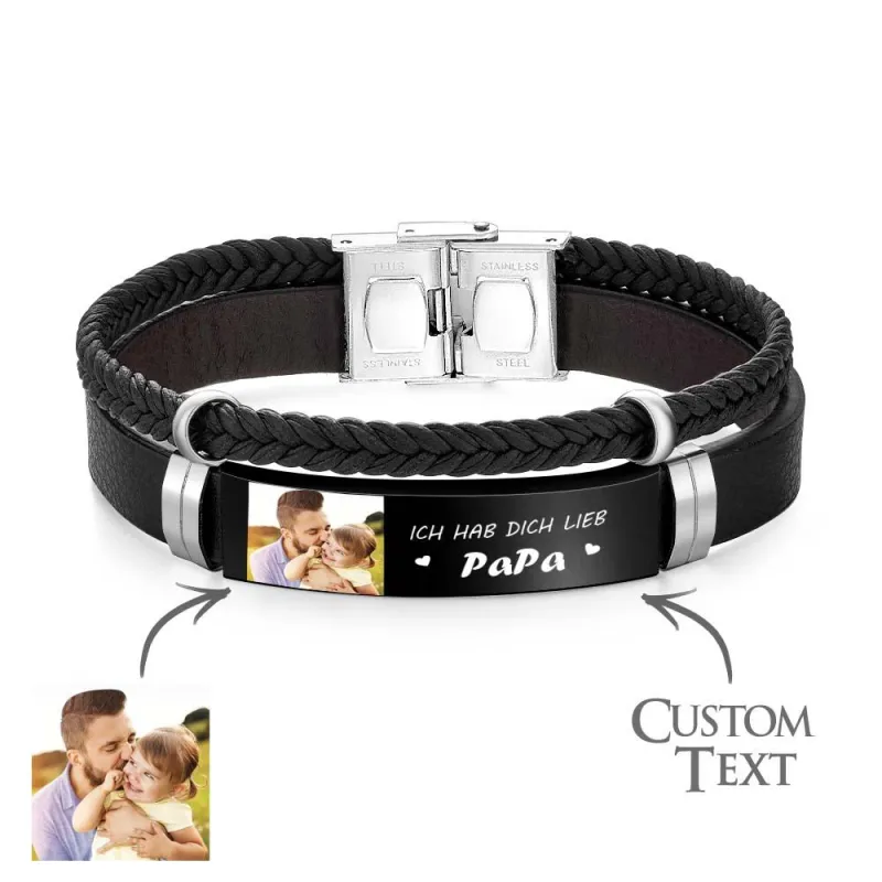 Personalized Photo Leather Bracelet With Text Braided Bangle Father's Day Gifts