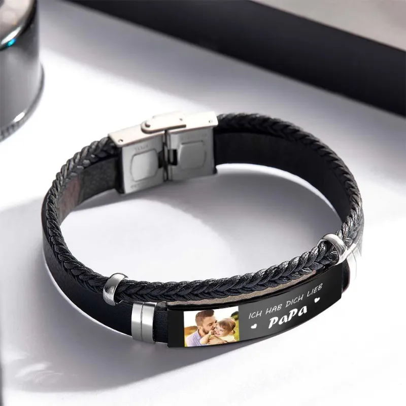 Personalized Photo Leather Bracelet With Text Braided Bangle Father's Day Gifts 1