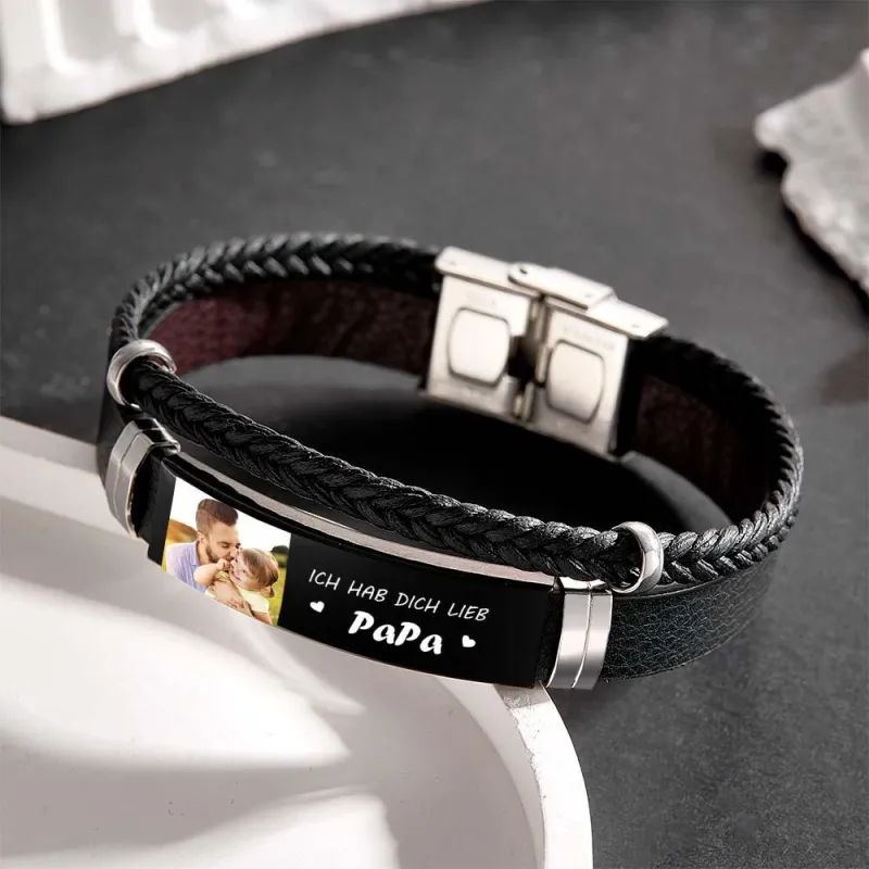 Personalized Photo Leather Bracelet With Text Braided Bangle Father's Day Gifts 2