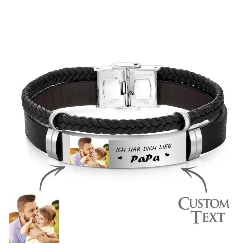 Personalized Photo Leather Bracelet With Text Braided Bangle Father's Day Gifts 4