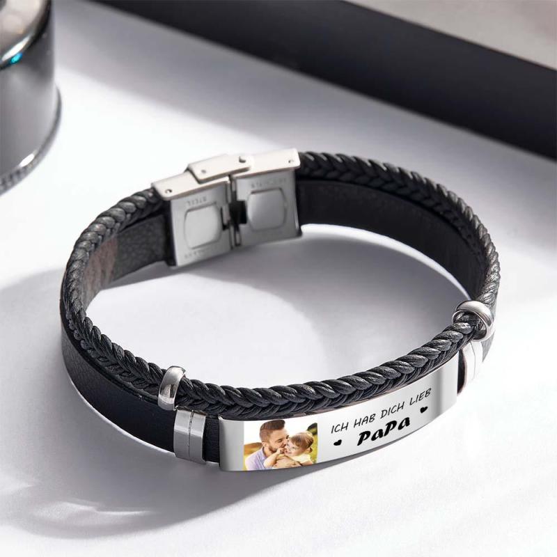 Personalized Photo Leather Bracelet With Text Braided Bangle Father's Day Gifts 5