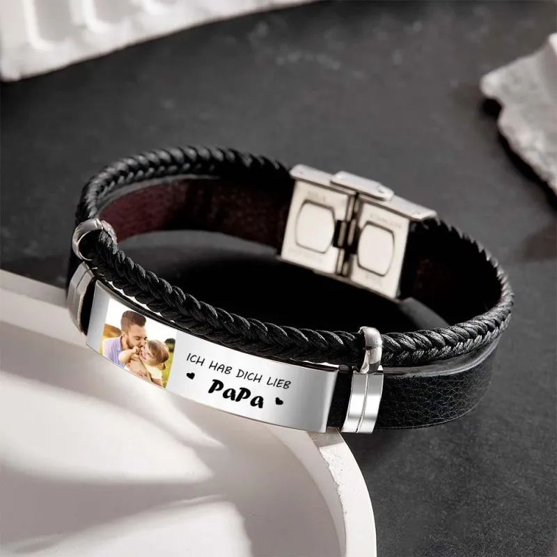 Personalized Photo Leather Bracelet With Text Braided Bangle Father's Day Gifts 6