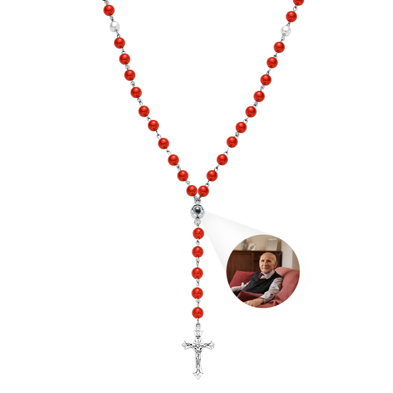 Personalized Photo Projection Multi-Color Rosary Beads Cross Necklace with Photo Memorial Gift for Women 2