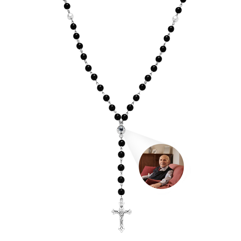 Personalized Photo Projection Multi-Color Rosary Beads Cross Necklace with Photo Memorial Gift for Women