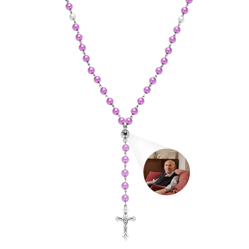 Personalized Photo Projection Multi-Color Rosary Beads Cross Necklace with Photo Memorial Gift for Women 3