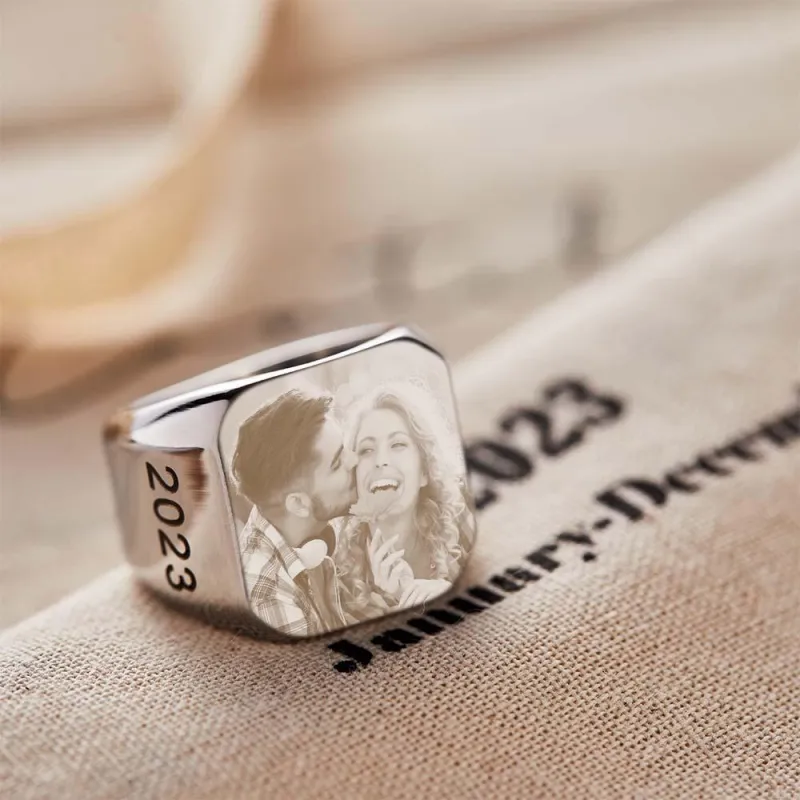 Personalized Photo Square Ring Custom Engraved Ring Gift For Men 5