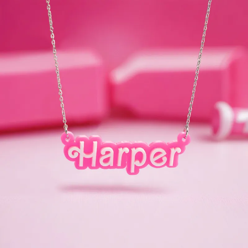 Personalized Pink and White Barbi Doll Acrylic Necklace with Name Christmas Birthday Valentine's Day Gift for Her 4