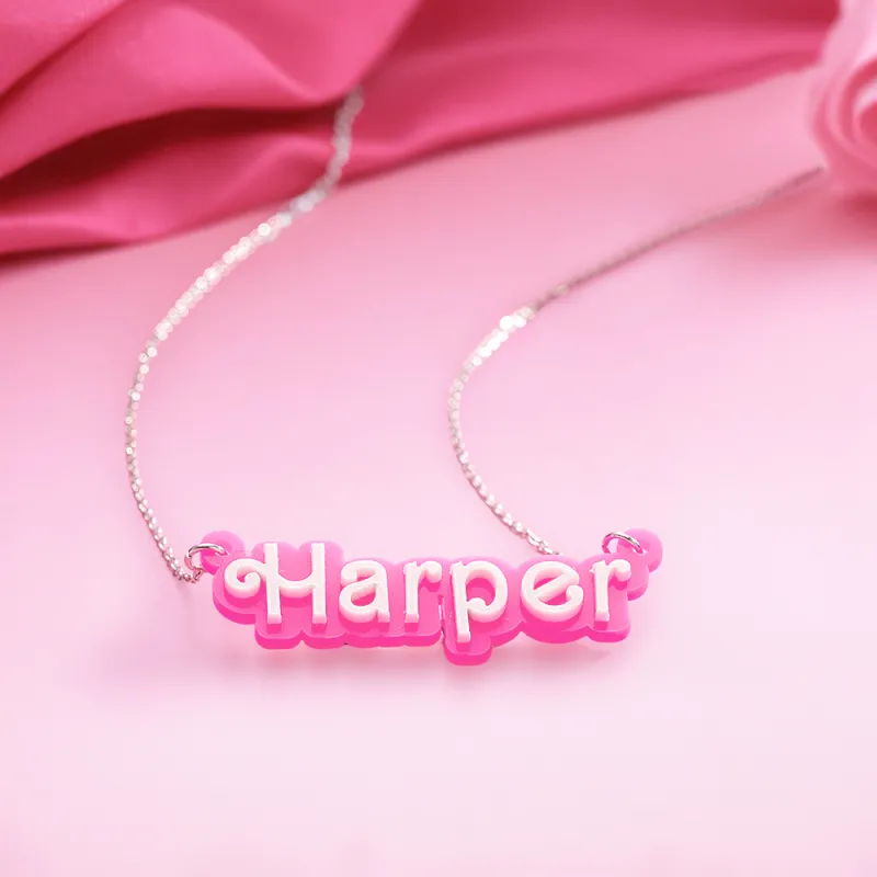 Personalized Pink and White Barbi Doll Acrylic Necklace with Name Christmas Birthday Valentine's Day Gift for Her 3