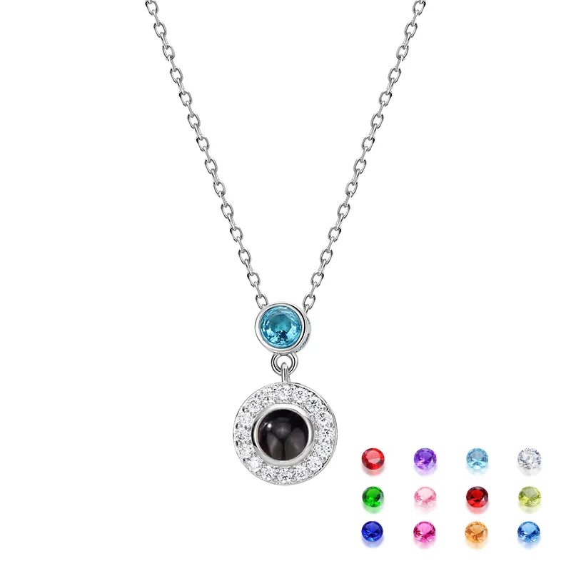 Personalized Projection Photo Necklace Round Pendant With Diamonds And Birthstone Beautiful Gift For Her