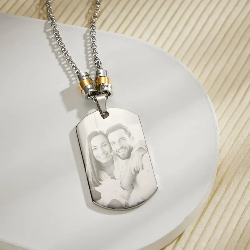 Personalized Square Photo Necklace With Engraved Beads Pendant Gifts For Lovers 2