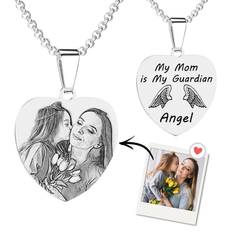 Photo Engraved Tag Necklace with Engraving Stainless Steel with Wings Gifts for Mother's Day