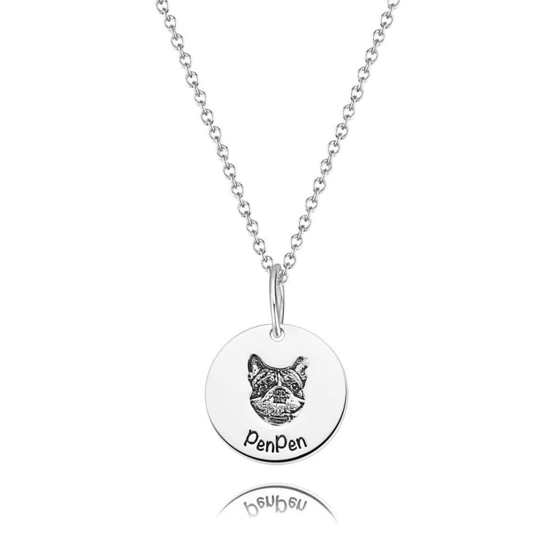 Photo Portrait Necklace with Engraving Round Shape, Custom Portrait Jewelry Platinum Plated - Silver