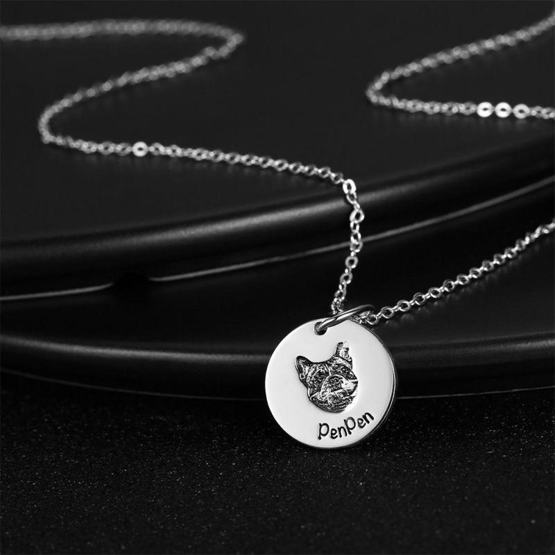 Photo Portrait Necklace with Engraving Round Shape, Custom Portrait Jewelry Platinum Plated - Silver 3