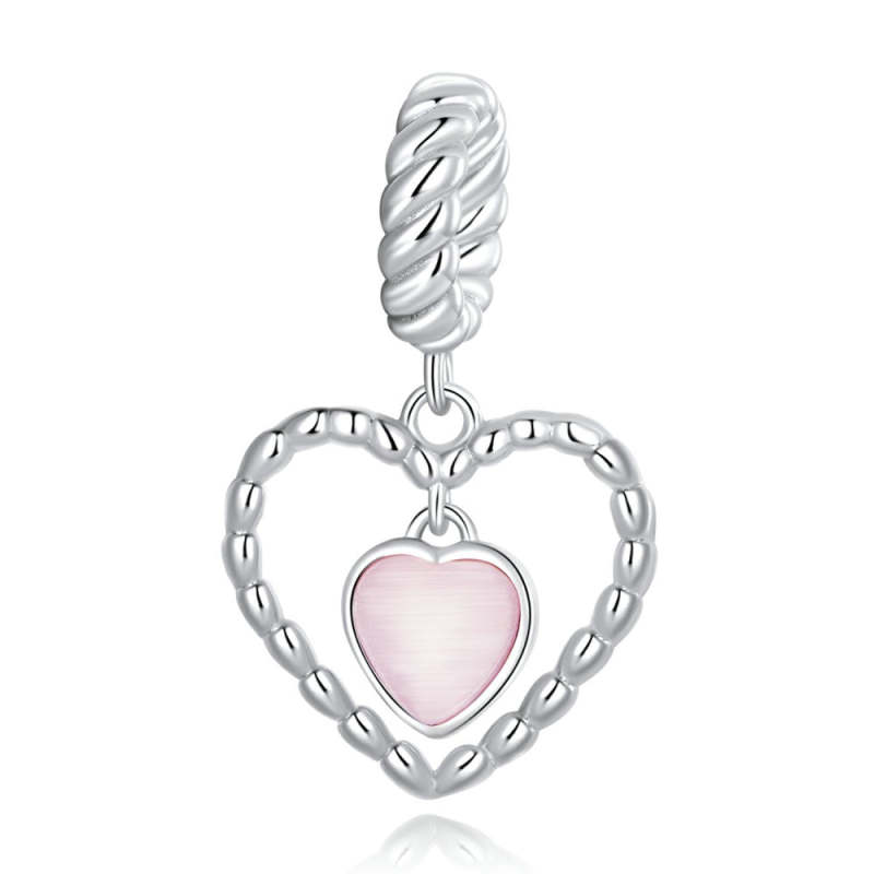 Pink Heart in Heart Dangle Charm Silver