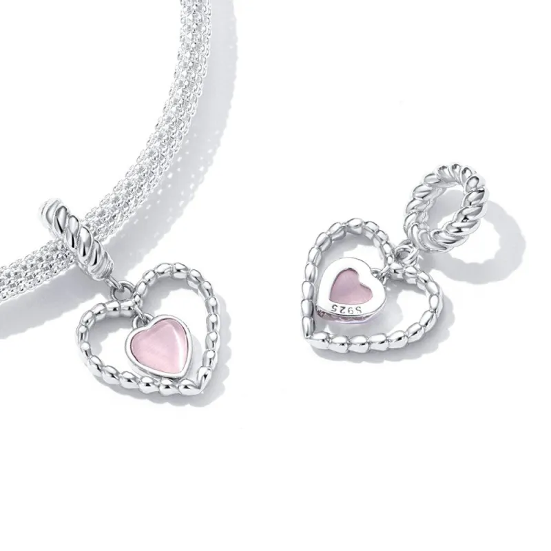 Pink Heart in Heart Dangle Charm Silver 2