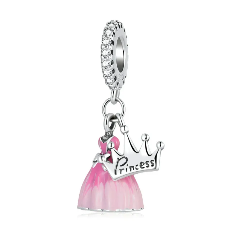 Princess Dress Crown Dangle Charm Silver