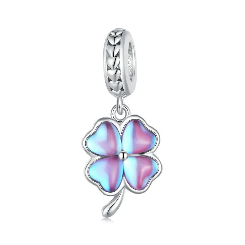 Purple Four Leaf Clover Dangle Charm Silver