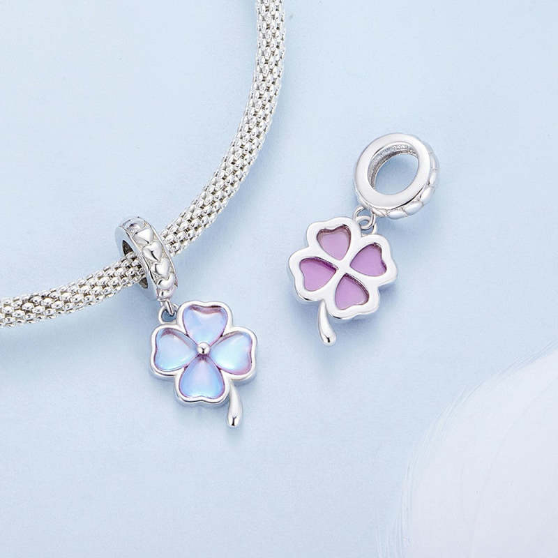 Purple Four Leaf Clover Dangle Charm Silver 2