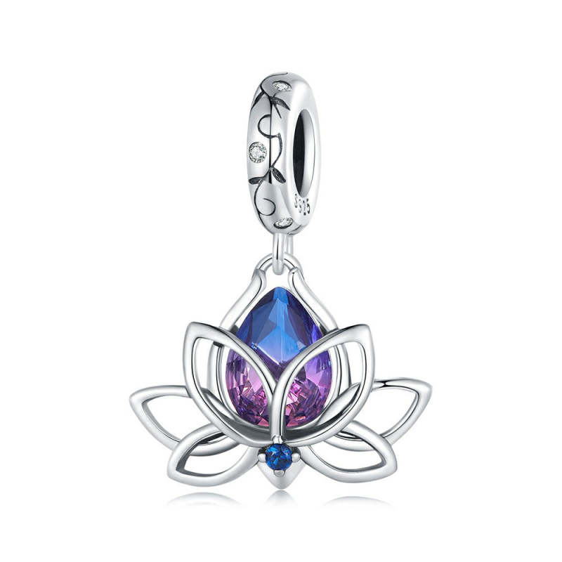 Purple Lotus Dangle Charm Silver