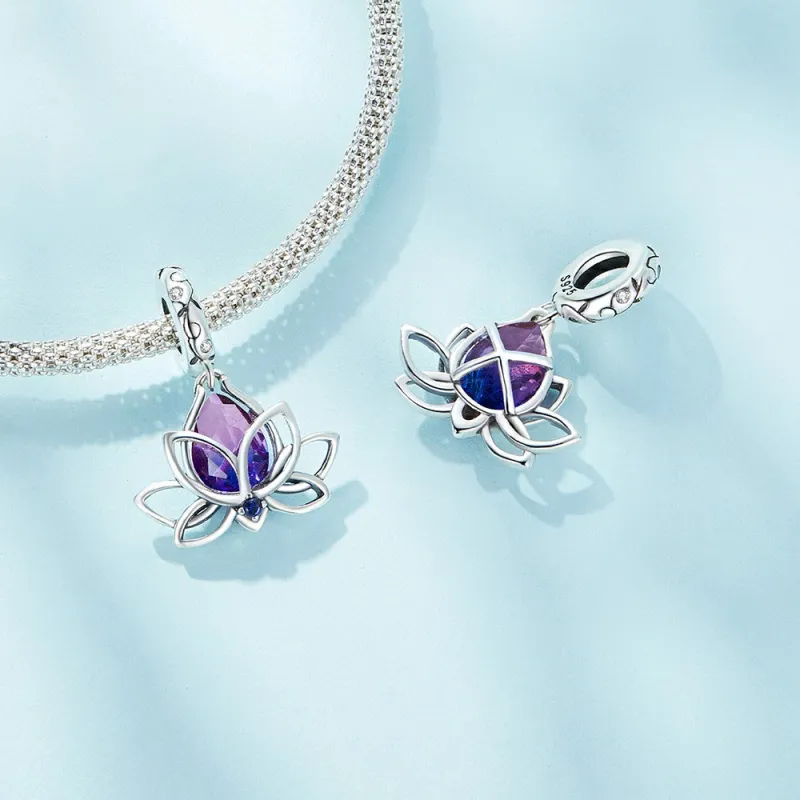 Purple Lotus Dangle Charm Silver 2