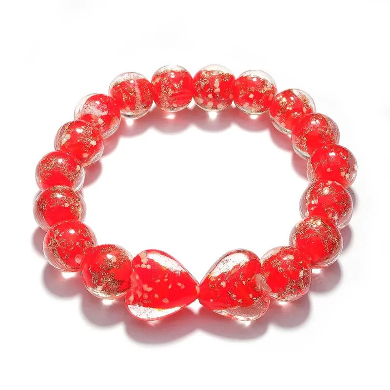 Red Heart-to-Heart Firefly Glass Stretch Beaded Bracelet Glow in the Dark Luminous Bracelet